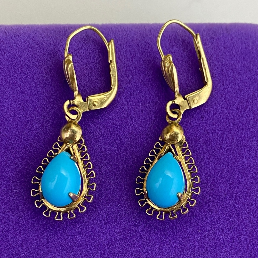 💛 Vintage 14k Gold Sleeping Beauty Turquoise Teardrop Earrings | Boho Jewelry